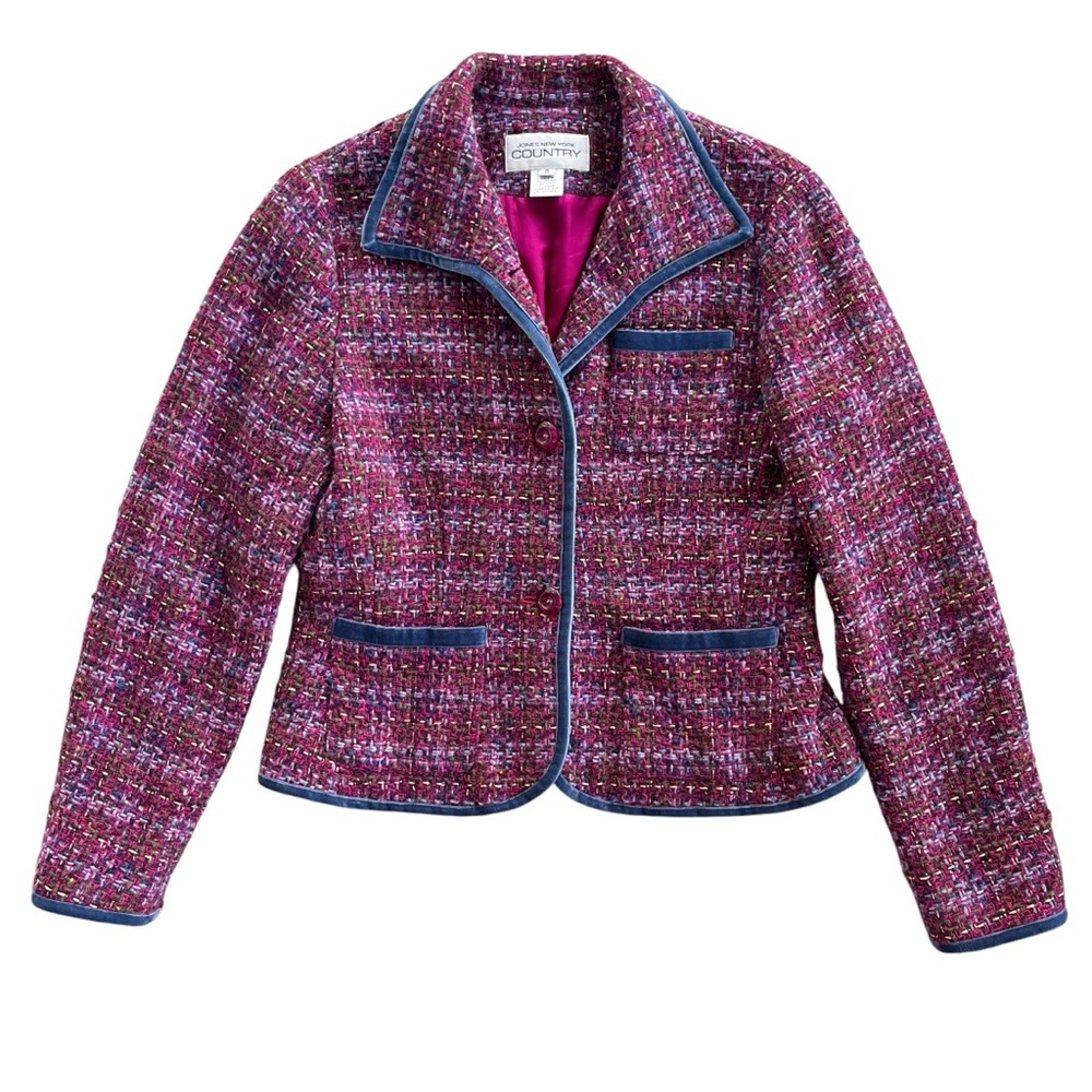 Jones New York Country Womens Small Purple Pink Tweed Button Front Blazer Jacket